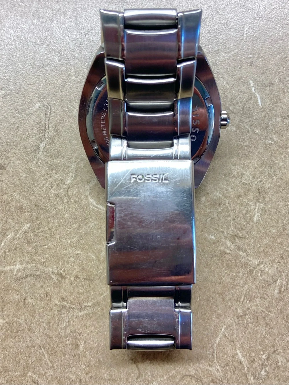 Fossil Silver Stainless Steel Sports Watch with  Red Orange Dial